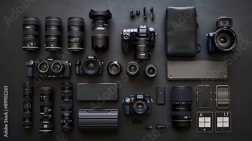 Obraz na płótnie Flat lay composition Set of cameras Video Photography Equipment on Wooden Table for Professional Photographer Accessories Concept. w salonie