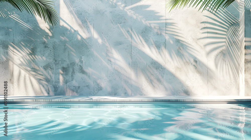 Tropical summer background with concrete wall, pool water and palm leaf shadow. Luxury hotel resort exterior for product placement. Outdoor vacation holiday house scene, neutral architectur Tropical summer background with concrete wall, pool water and palm leaf shadow. Luxury hotel resort exterior for product placement. Outdoor vacation holiday house scene, neutral architectur