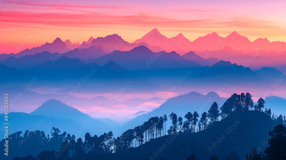 View of Himalayas mountain range with visible silhouettes through the colorful fog from Khalia top trek trail. Khalia top in himalayan region of Kumaon, Uttarakhand, India View of Himalayas mountain range with visible silhouettes through the colorful fog from Khalia top trek trail. Khalia top in himalayan region of Kumaon, Uttarakhand, India