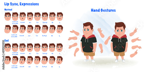 Set of fat boy character design .Cartoon character model sheet. Cartoon character creation set with sad face expression and all hand gesture. Front sad standing pose and 1/3 standing pose. 