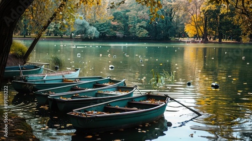 A serene lake in a park, with rowboats and paddleboats photo