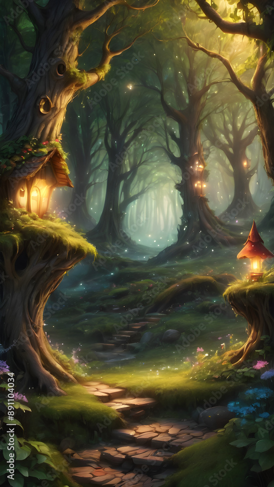 Obraz premium Fairy tale forest background with magical lighting