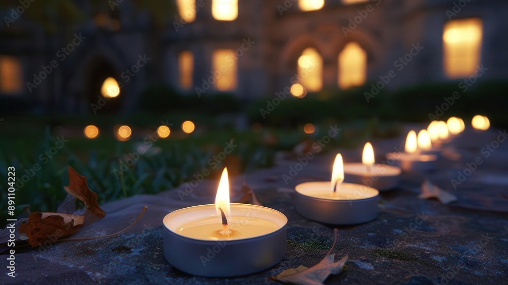 A serene evening scene with lit candles placed in a row outside a historic building, creating a peaceful and solemn atmosphere. A serene evening scene with lit candles placed in a row outside a historic building, creating a peaceful and solemn atmosphere.