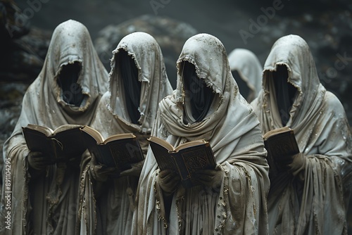 Group of figures dressed in ceremonial robes their faces obscured by hoods They chant from a hidden book filled with symbols from the Book of Thoth preserving the wisdom of a hidden tradition