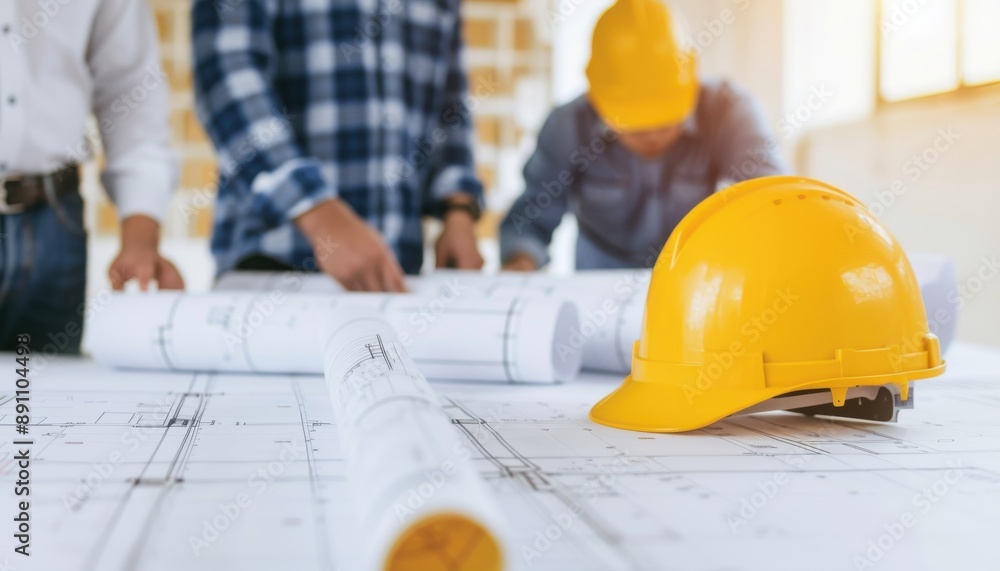 Construction team reviewing blueprints with safety helmets in a bright workspace, emphasizing collaboration and planning. Construction team reviewing blueprints with safety helmets in a bright workspace, emphasizing collaboration and planning.