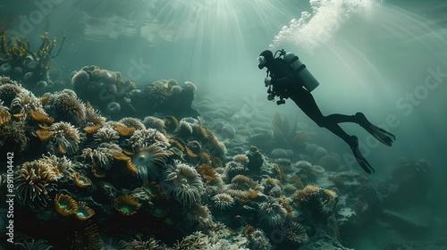 Wallpaper Mural A serene underwater scene showcasing a diver exploring vibrant coral reefs illuminated by sunlight rays. Torontodigital.ca