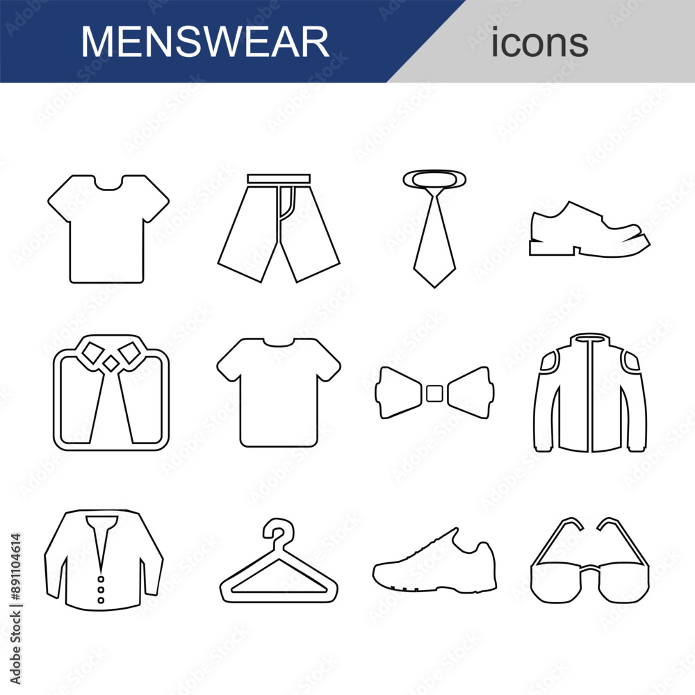 Men's Clothing and accessories icons. vector lines on white background. Various types of men's clothing for work and leisure. Various men's clothing icons Men's Clothing and accessories icons. vector lines on white background. Various types of men's clothing for work and leisure. Various men's clothing icons