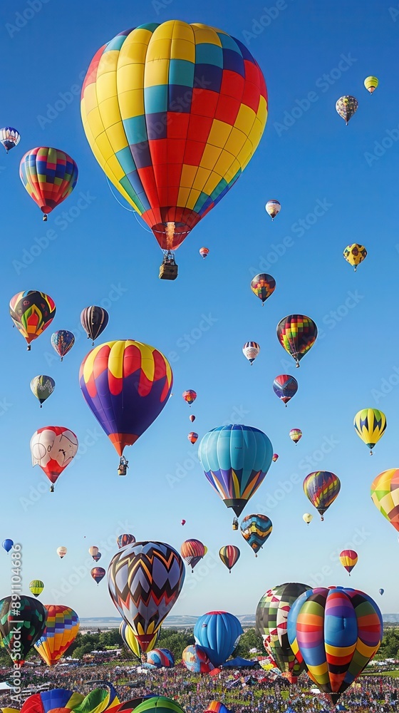 Obraz premium A vibrant display of colorful hot air balloons soaring against a clear blue sky, capturing the essence of adventure and celebration.