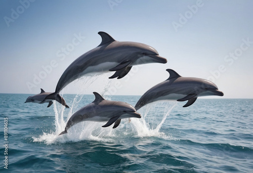  Playful group of dolphins leaping out of the ocean. 