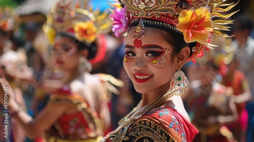 A vibrant dancer in traditional attire captures the essence of cultural celebration with a joyful smile and intricate makeup.