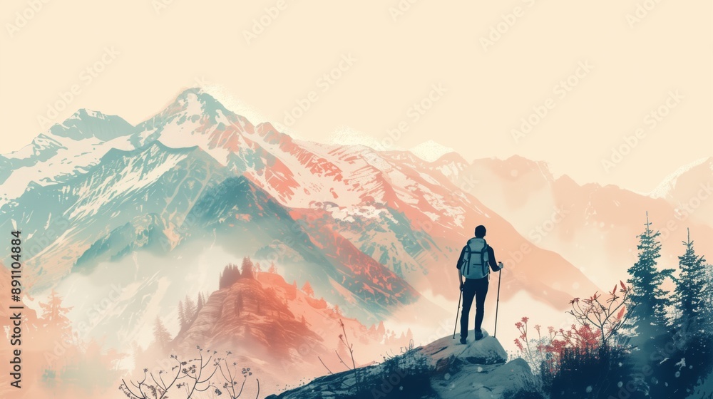 Serene Hiker in Abstract Pastel Mountains - Minimalist Digital Art with Vibrant Landscape and Delicate Brushstrokes Serene Hiker in Abstract Pastel Mountains - Minimalist Digital Art with Vibrant Landscape and Delicate Brushstrokes