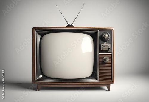 An old vintage retro TV television set with a blank screen, isolated on a white background, perfect for nostalgic home decor and antique collections.