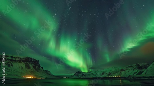 Wallpaper Mural Breathtaking northern lights illuminate the night sky over serene mountains and water, creating a magical winter landscape. Torontodigital.ca