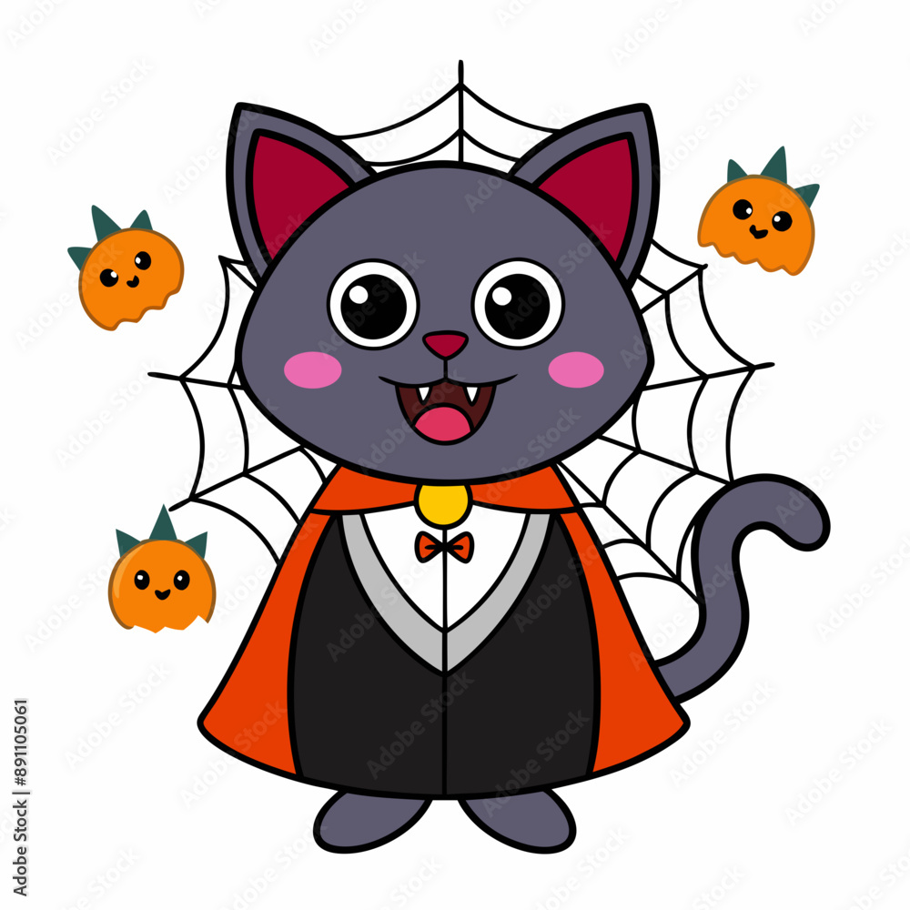Vector illustration of a cute cat in a vampire costume with tiny fangs and festive elements like spiders and webs on a white background Vector illustration of a cute cat in a vampire costume with tiny fangs and festive elements like spiders and webs on a white background
