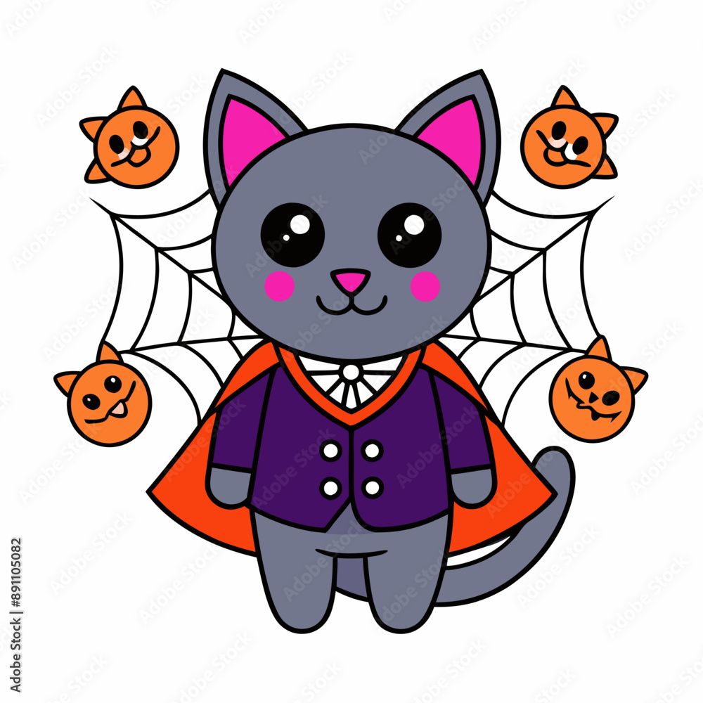 Vector illustration of a cute cat in a vampire costume with tiny fangs and festive elements like spiders and webs on a white background Vector illustration of a cute cat in a vampire costume with tiny fangs and festive elements like spiders and webs on a white background
