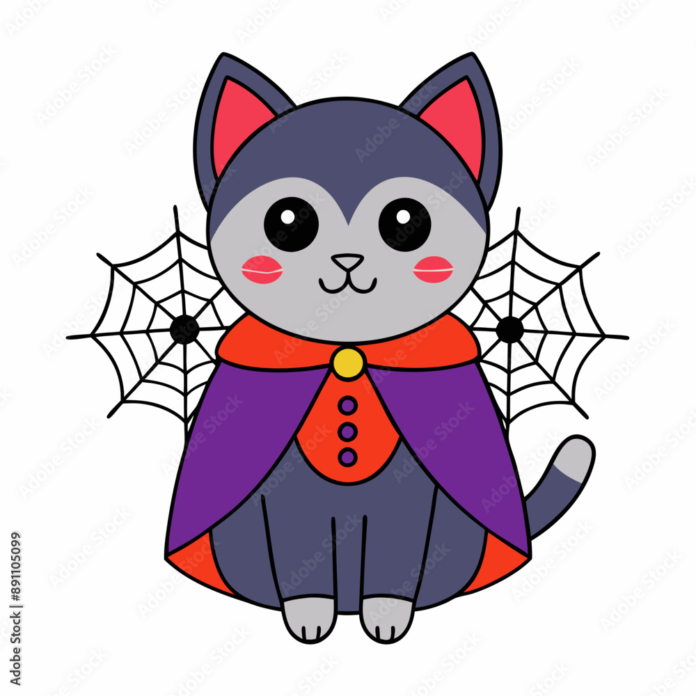 Vector illustration of a cute cat in a vampire costume with tiny fangs and festive elements like spiders and webs on a white background Vector illustration of a cute cat in a vampire costume with tiny fangs and festive elements like spiders and webs on a white background