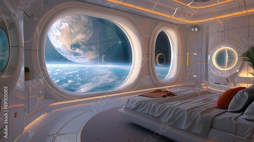 Futuristic bedroom with windows showcasing a stunning view of Earth from space, featuring sleek design and modern decor. © Jeannaa