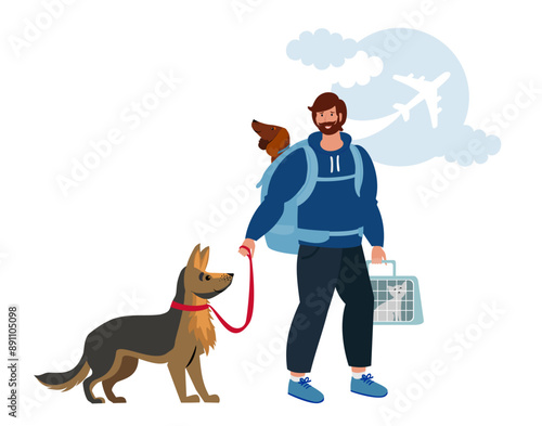Cartoon carriers for dogs and cats vector illustration isolated on white. Young guy trip together with happy pets, cute animal. Pet owner. Cat and dog travel together. Concept of traveling with pets.