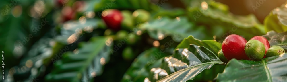 A cluster of red and green coffee berries are covered in raindrops. The raindrops are glistening on the leaves and berries, giving the image a fresh and vibrant look A cluster of red and green coffee berries are covered in raindrops. The raindrops are glistening on the leaves and berries, giving the image a fresh and vibrant look