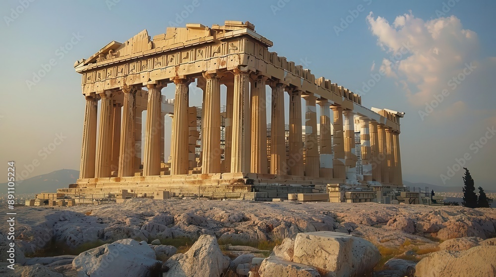 Fototapeta premium Stunning view of the Parthenon, reflecting ancient Greek architecture against a beautiful sky.