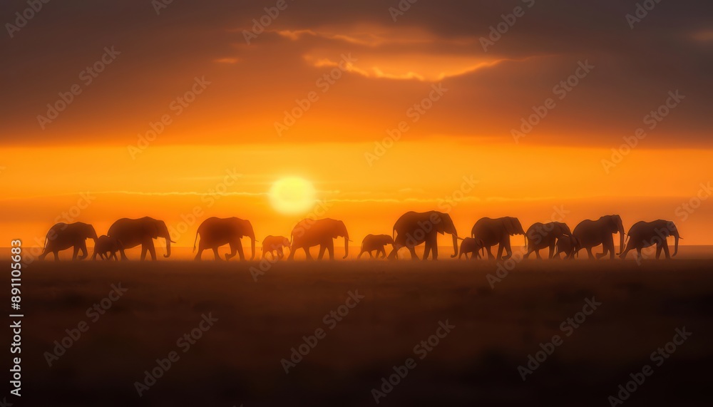 Obraz premium Herd of elephants walking, African savannah, sunset, majestic and grand, warm light, family group, natural harmony, expansive landscape