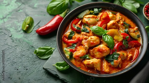 style red chicken curry with vegetables in cooking pan over green stone background