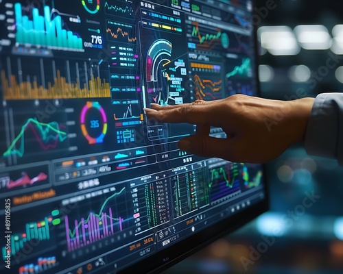 Interactive digital screen displaying complex financial graphs and charts in a futuristic data analytics setting, touched by a hand.