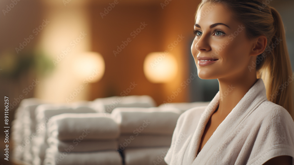 Towels in the hands of the maid. Cleaning the hotel room. Copy space. The concept of the hotel business. Towels in the hands of the maid. Cleaning the hotel room. Copy space. The concept of the hotel business.