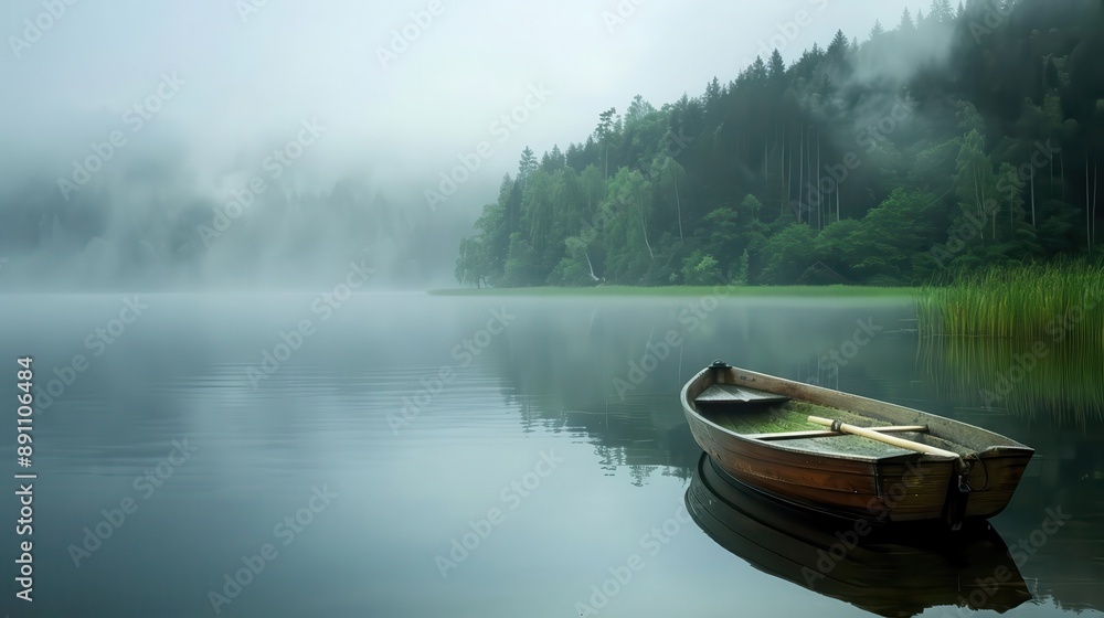 A serene boat floats on a misty lake, surrounded by lush greenery and tranquil waters, creating a peaceful nature scene. A serene boat floats on a misty lake, surrounded by lush greenery and tranquil waters, creating a peaceful nature scene.