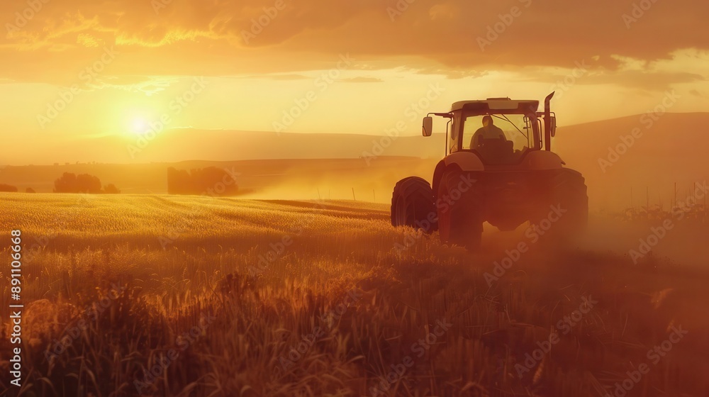 Fototapeta premium A tractor driving through a field at sunrise