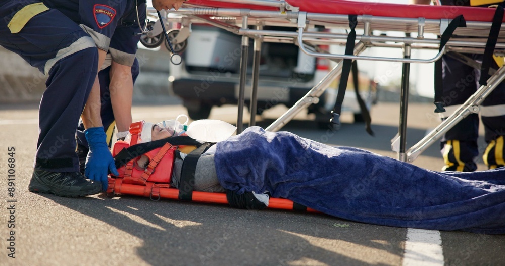 Naklejka premium Person, accident and emergency on street with stretcher for support, medical response to trauma with oxygen. Safety, first aid or health insurance or air mask for breath on road, ems or crisis