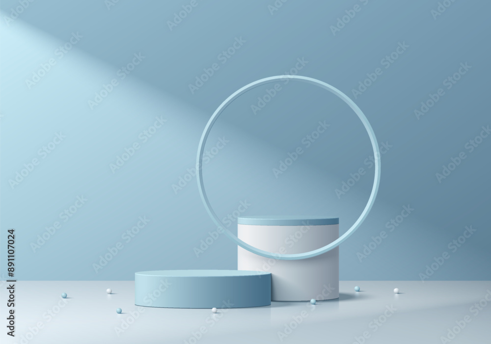 3D blue round product podium background with white circle frame. Abstract composition in minimalist design. 3D studio display showroom cosmetic product pedestal, Fashion stage showcase mockup scene. 3D blue round product podium background with white circle frame. Abstract composition in minimalist design. 3D studio display showroom cosmetic product pedestal, Fashion stage showcase mockup scene.
