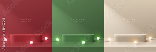 Set of 3D christmas round podium background in red, cream, green with neon ball. Abstract composition minimalist design. Studio display showroom product pedestal, Fashion stage showcase mockup scene.