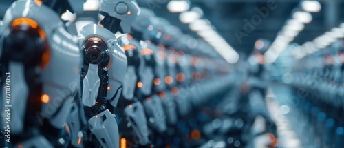 Wallpaper Mural A line of robots standing in a factory setting. Torontodigital.ca