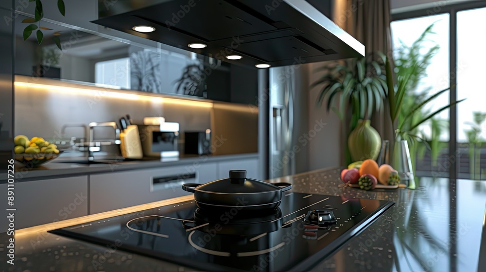 Modern Kitchen with Black Stovetop and Pot Modern Kitchen with Black Stovetop and Pot