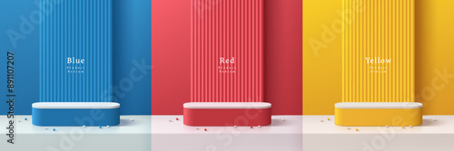 Set of 3D red, blue, yellow product podium background with serrated wall pattern. Abstract composition minimalist design. Studio display showroom product pedestal, Fashion stage showcase mockup scene.