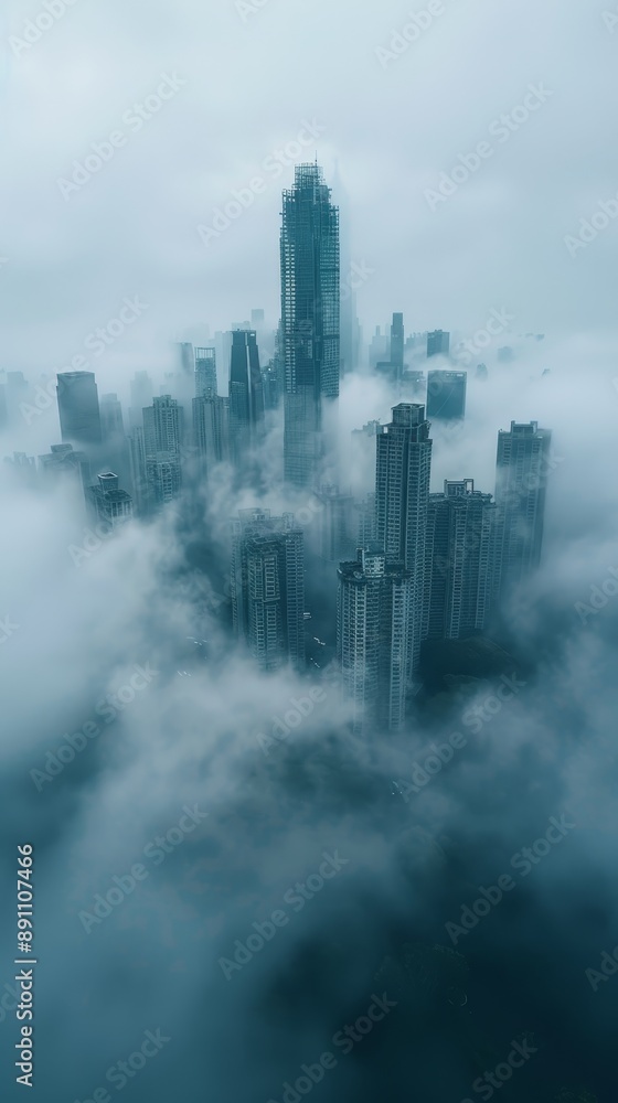 The photo shows a cityscape shrouded in mist The photo shows a cityscape shrouded in mist