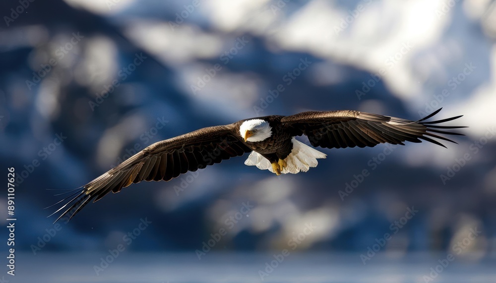 Obraz premium Bald eagle in flight with mountains in the background