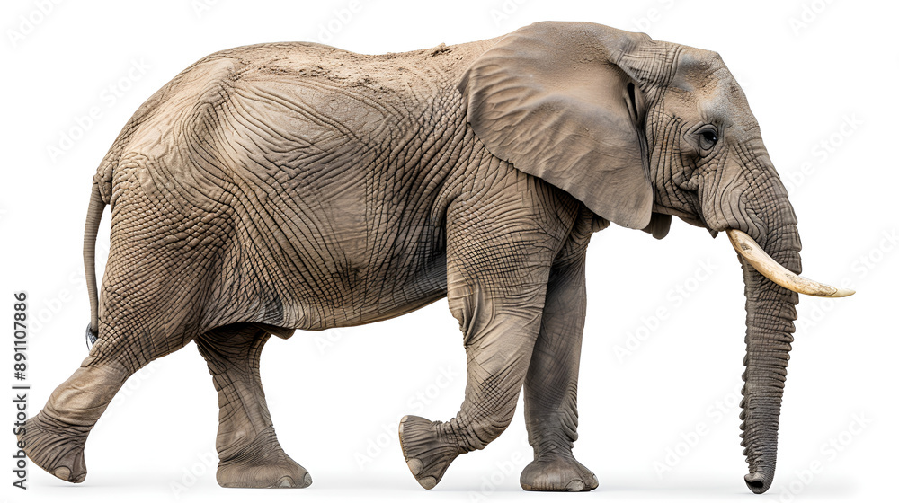 Fototapeta premium An elephant walking on a white background.