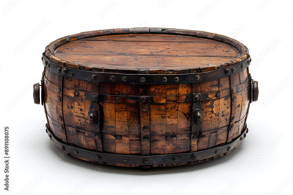 A wooden barrel with metal hardware, used for storing and transporting liquids. A wooden barrel with metal hardware, used for storing and transporting liquids.