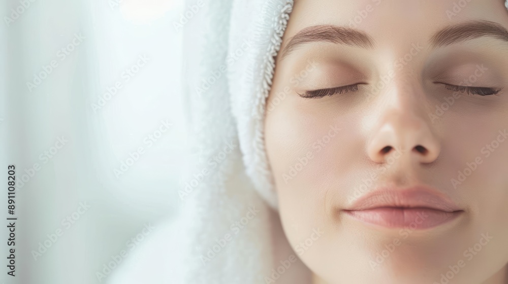 Woman with a white face mask, eyes closed, and a towel on her head. Woman with a white face mask, eyes closed, and a towel on her head.