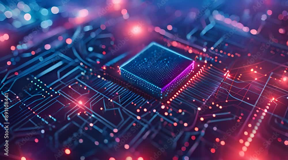 A high-tech chip with glowing lines, circuit board background, and blue neon light effects. A high-tech chip with glowing lines, circuit board background, and blue neon light effects.
