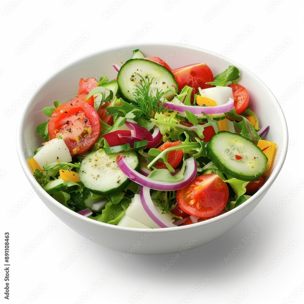 A fresh garden salad with vibrant ingredients, healthy food, realistic, isolated on white background A fresh garden salad with vibrant ingredients, healthy food, realistic, isolated on white background
