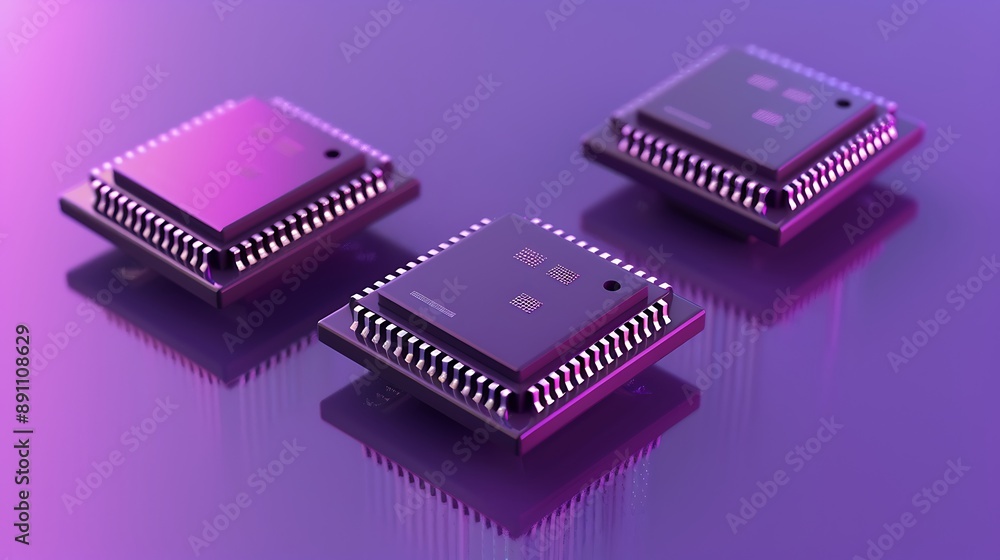 Three 7400 logic chip on a purple background with reflection Three 7400 logic chip on a purple background with reflection