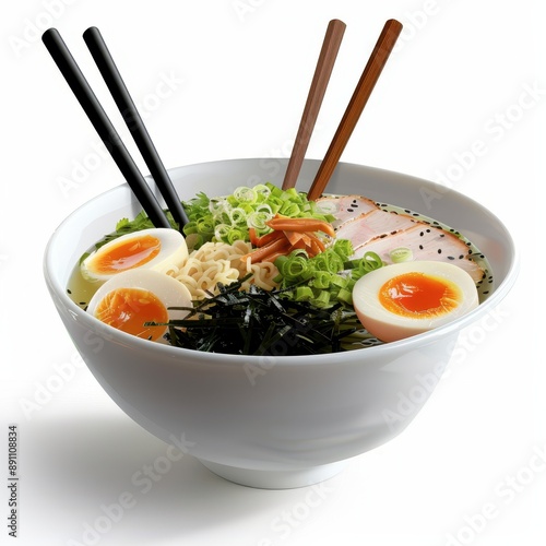 A stylishly served bowl of ramen with toppings, Asian cuisine, realistic, isolated on white background photo