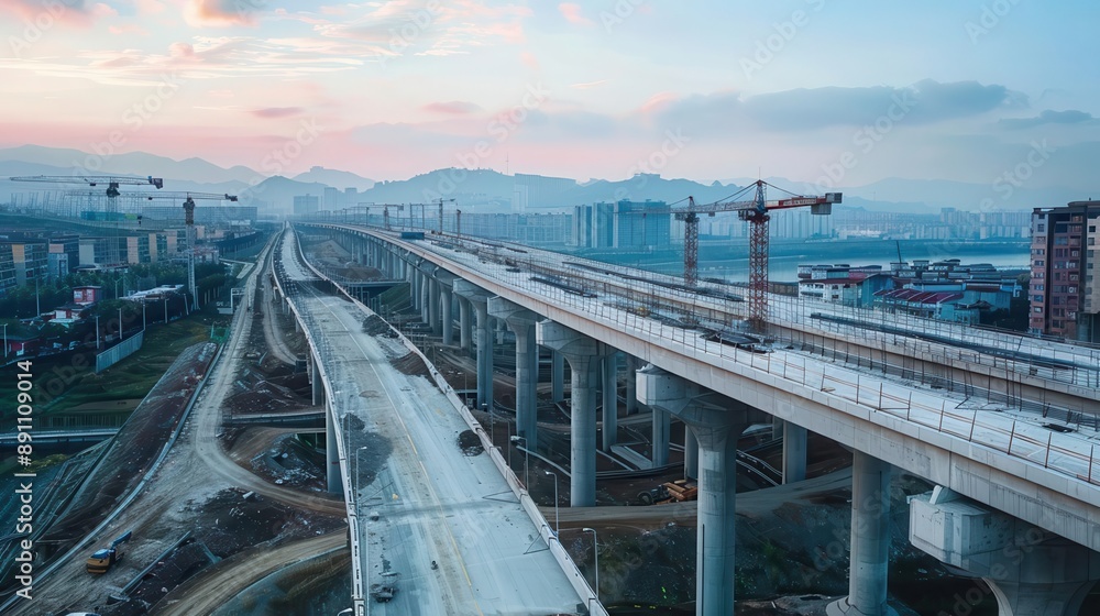 Obraz premium Construction site featuring elevated highway under development with cranes against a twilight sky.