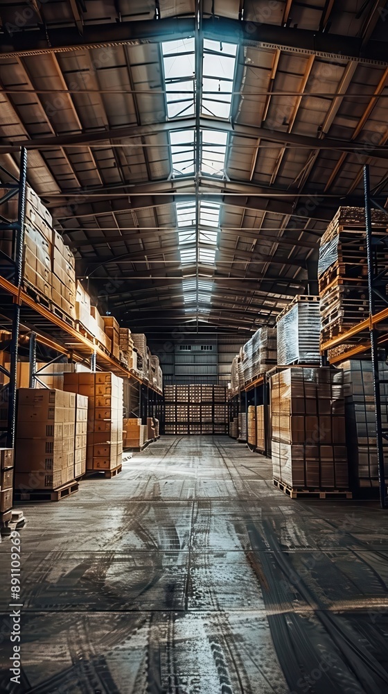 Spacious warehouse interior with stacked pallets under natural light. Ideal for logistics, storage, and industrial projects. Spacious warehouse interior with stacked pallets under natural light. Ideal for logistics, storage, and industrial projects.