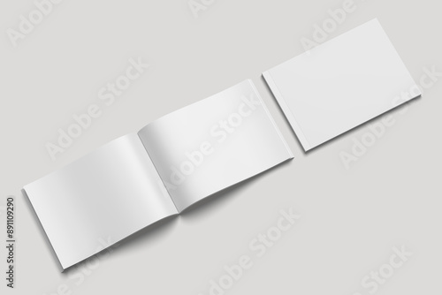 Blank Hardcover And Opened Landscape Magazine Mockup Side View Angle 