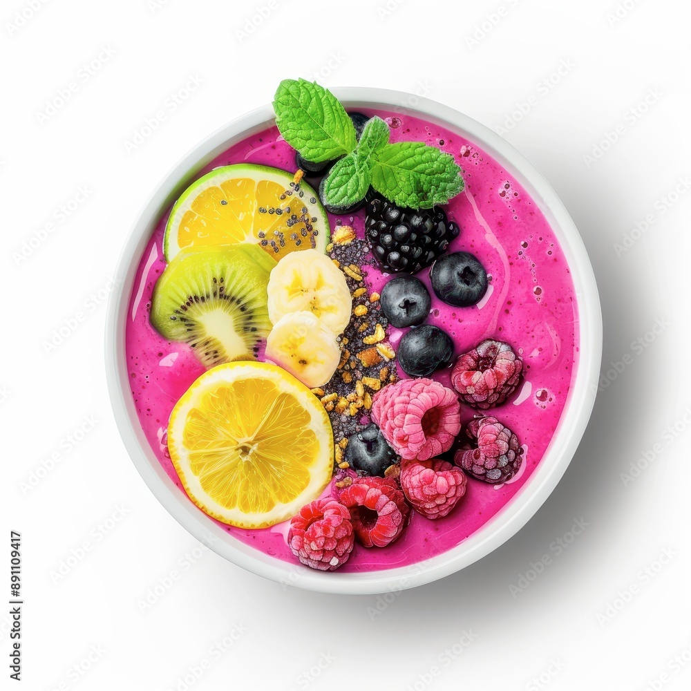 A vibrant smoothie bowl with fresh fruits, health food, realistic, isolated on white background A vibrant smoothie bowl with fresh fruits, health food, realistic, isolated on white background