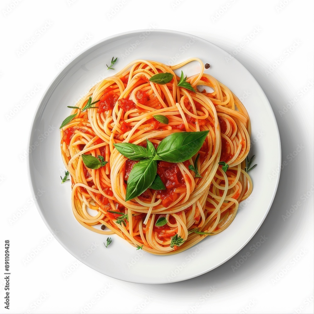 A plate of pasta with gourmet sauce and herbs, Italian cuisine, realistic, isolated on white background A plate of pasta with gourmet sauce and herbs, Italian cuisine, realistic, isolated on white background